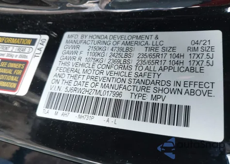 2021 Honda Cr-V Awd Lx from USA, damaged, VIN 5J6RW2H27ML017996